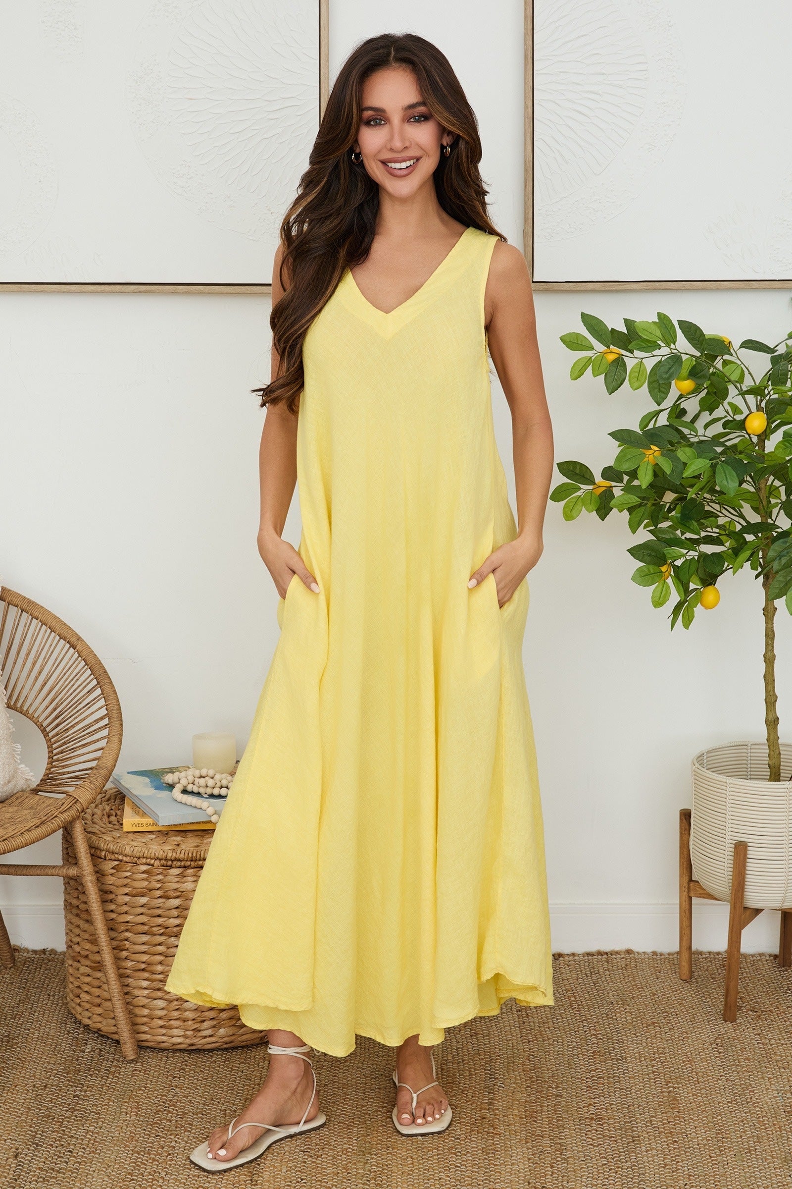 linen tank dress with pockets Linen V-Neck/Back Maxi Tank Dress With Pockets Hemline Birmingham